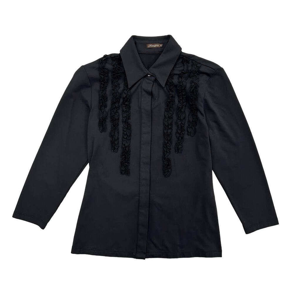 J. McLaughlin Black Ruffle 3/4 Sleeve Jersey Button Down Shirt Womens XS